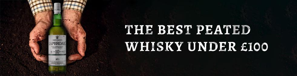 A photograph of a Laphroaig 10 year old Whisky with a pair of hands scooping up peat with two hands in the background, superimposed with the text: The Best Peated Whisky under £100