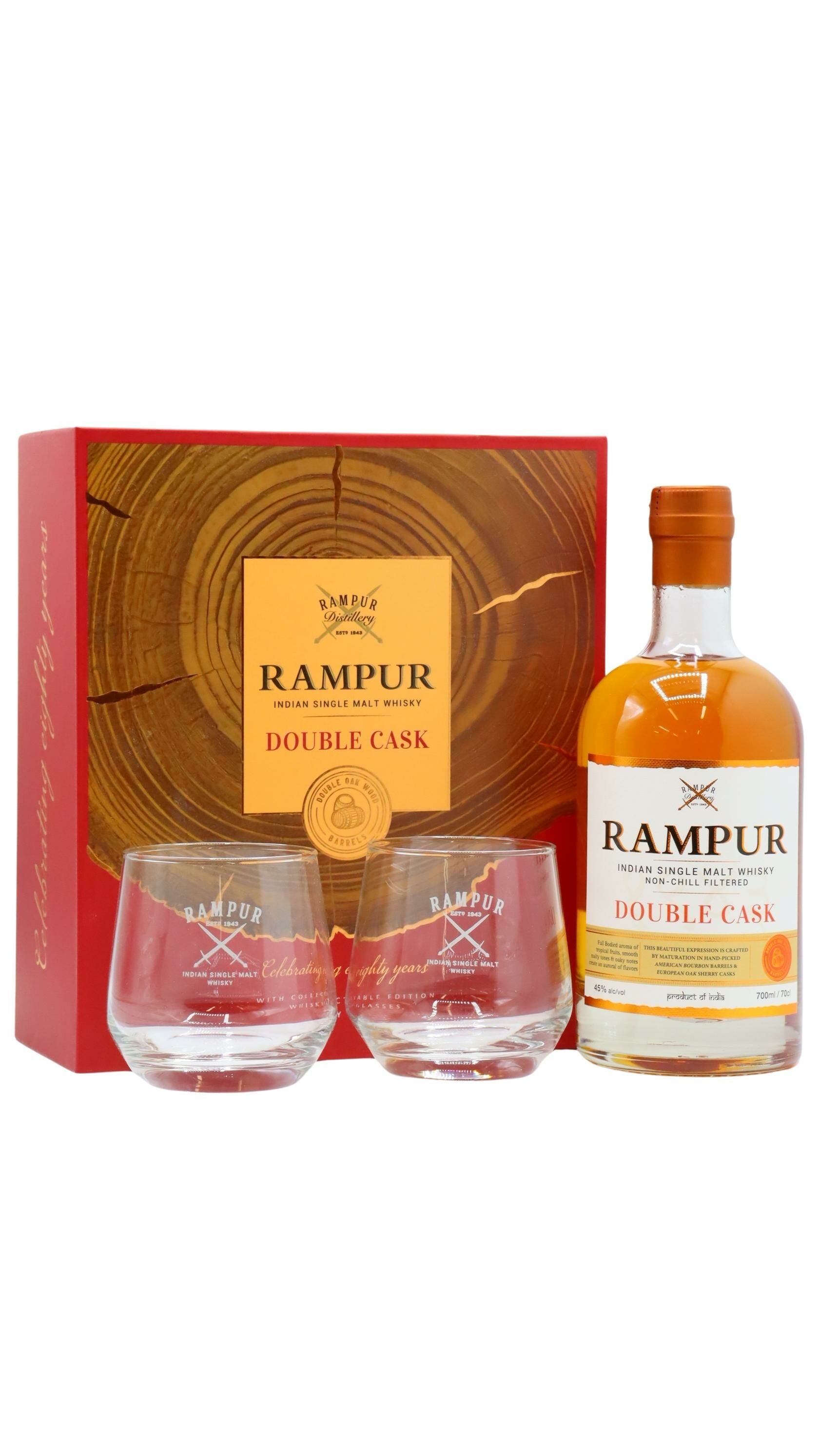 【エコメルカリ便】RAMPUR DOUBLE CASK ウイスキー ギフトセット Rampur - Double Cask Indian Single Malt Whisky Glass Pack 70cl 45
