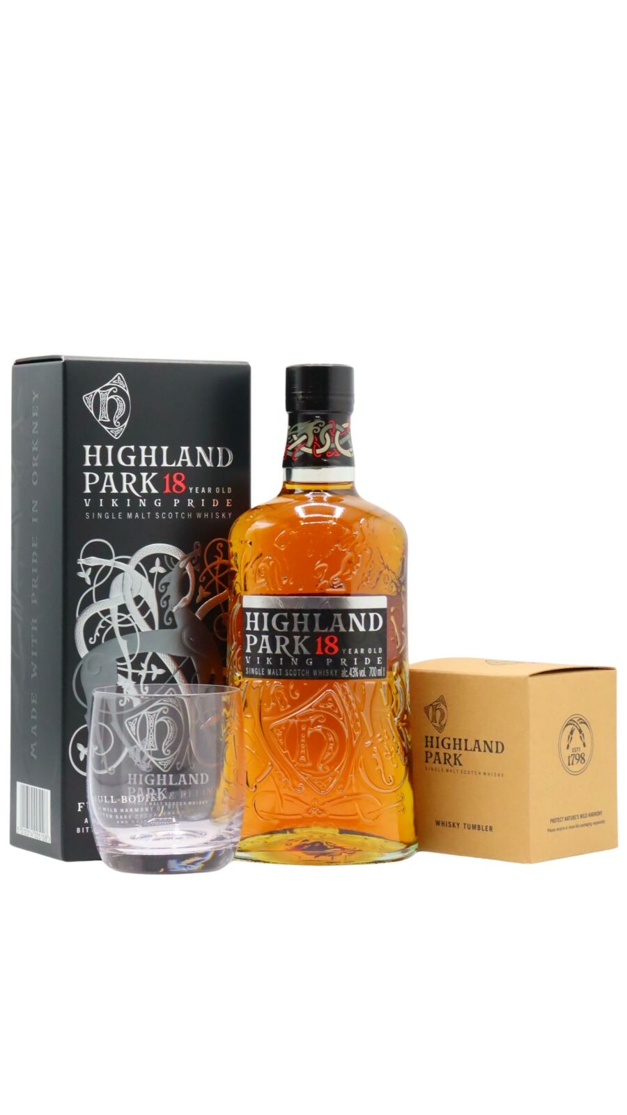 Highland Park Glass & Single Malt Scotch 18 year old Whisky 70cl 43