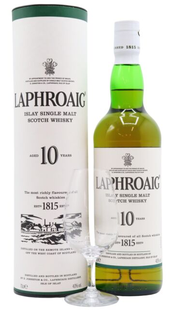 Laphroaig - Islay Single Malt Scotch 10 year old Whisky (Includes Tasting Glass)