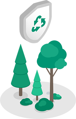 A shield with a recycling icon floating above a forest.