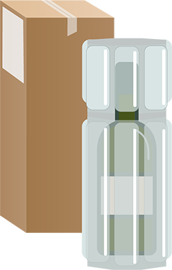 A bottle inside a shock absorbent bag next to a think cardboard box.