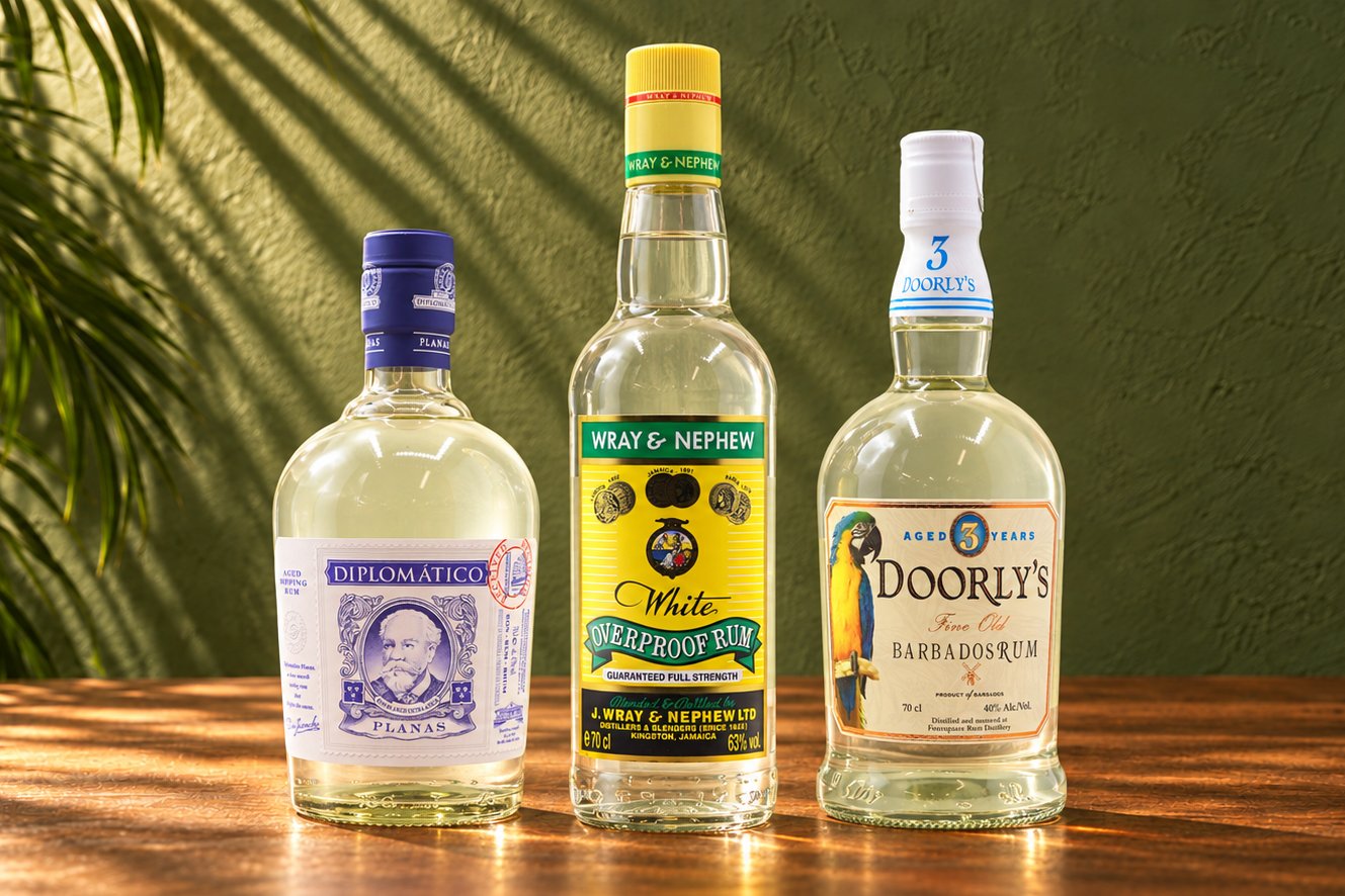 White rum is a clear, light spirit distilled from sugarcane juice or molasses, typically aged briefly or filtered to remove colour.